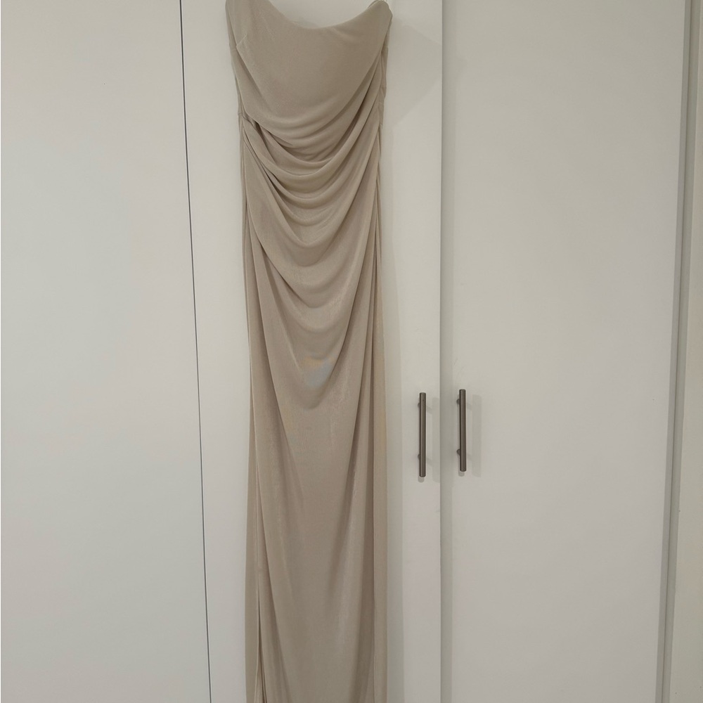 Katie May Tan Ruched Tie Front Gown